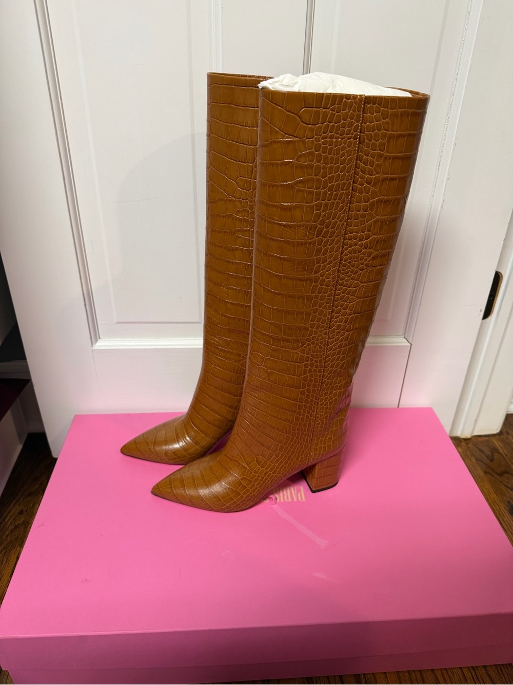 Paris Texas Croc-Embossed Tan Knee-High Leather Boots